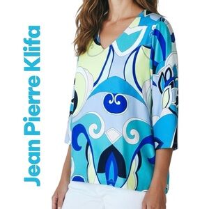 Jean Pierre Klifa Top Woman’s Paisley Inspired Curves V-Neck 3/4 Sleeves Sz XL